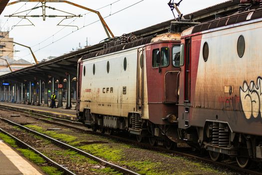 Changes and complications caused by coronavirus COVID-19 virus, world without crowds, empty train platform. No commuters, no travelers at the North Railway Station in Bucharest, Romania, 2020