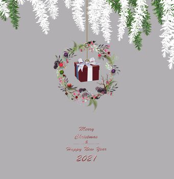 Merry Christmas Happy New Year floral design in 3D illustration. Luxury Christmas wreath with gift box and light string on pastel background in trendy colours