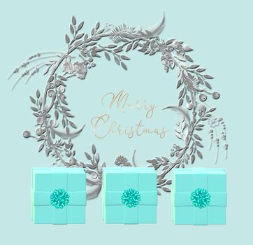 Merry Christmas greeting card with realistic silver floral wreath, gift box with bow in baby blue colour on turquoise blue background. 3D render