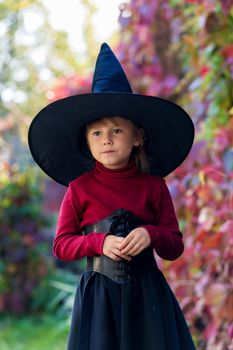 Little girl in witch costume posing on halloween party in the garden.