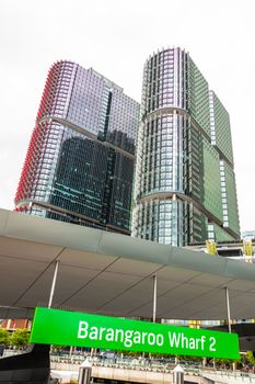 Low angle view of the International Towers in Sidney from Barangaroo Wharf, Australia