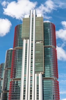 The modern International Towers in Sydney near Barangaroo Wharf against the blue sky