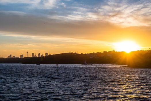 Backlight skyline of Sydney CBD from the Manly to Sydney ferry