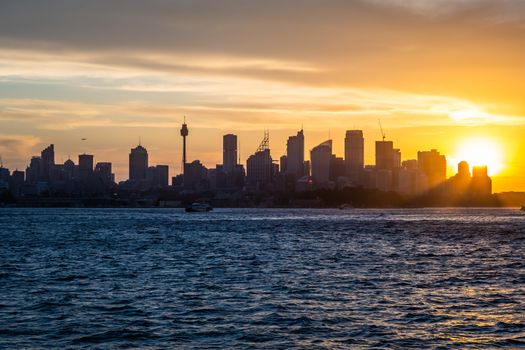 Backlight skyline of Sydney CBD from the Manly to Sydney ferry
