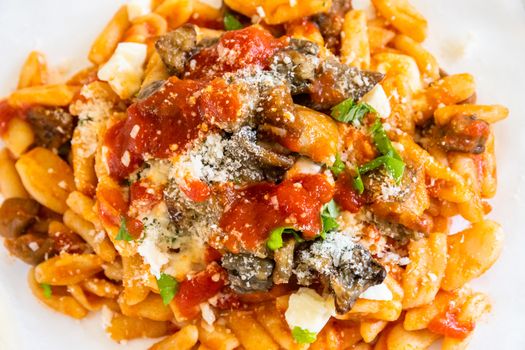 Gnocchetti alla Norma - traditional fresh pasta recipe with aubergines, tomato sauce, mozzarella cheese and salted ricotta