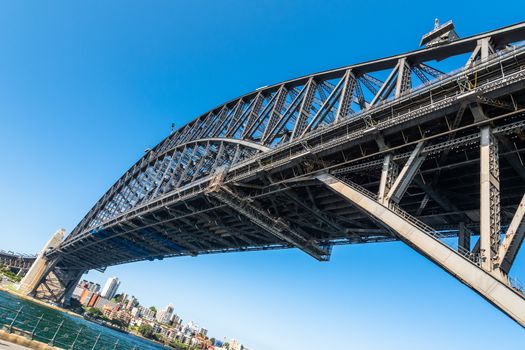 Low angle view of Harbour Bridge in a sunny day against a clear blue sky. Sydney, Australia