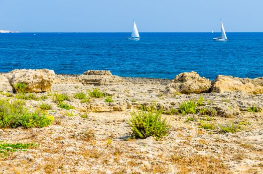 View of Marine Protected area of Plemmirio in a sunny day with blue sky, Syracuse, Sicily