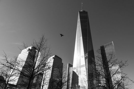 Black and white low angle view of the One World Trade Centre in Manhattan, New York