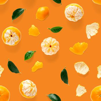 Mandarin seamless pattern, tangerine, clementine isolated on orange background with green leaves. Collection of fine Mandarine seamless patterns.
