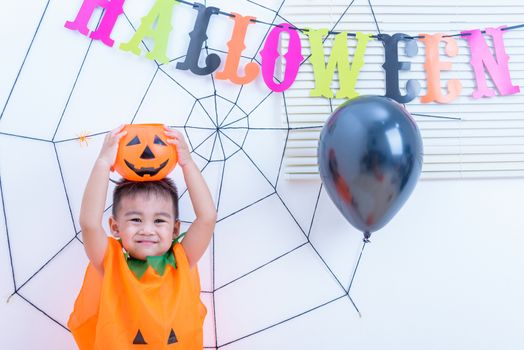 Funny happy kid in Halloween costume with pumpkin Jack with Cobweb on background