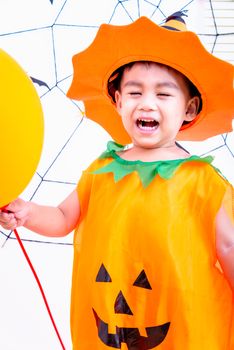 Funny kid horror costume pumpkin halloween dress he balloon on hand and spider cobweb background