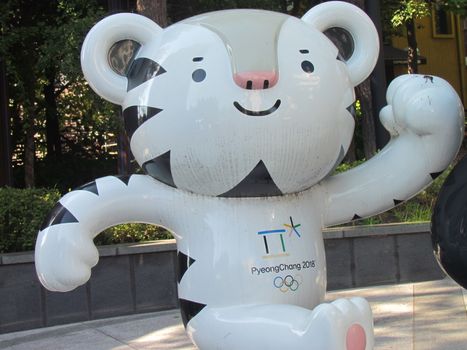 Soohorang and Bandabi, the mascots of the PyeongChang 2018 Olympic and paralympic winter games placed in a public park