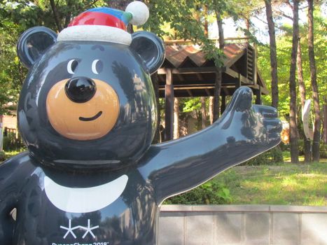 Soohorang and Bandabi, the mascots of the PyeongChang 2018 Olympic and paralympic winter games placed in a public park