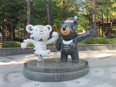 Soohorang and Bandabi, the mascots of the PyeongChang 2018 Olympic and paralympic winter games placed in a public park