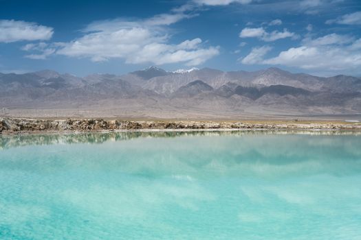 Salt lake and mountains, natural scenery. Photo in Qinghai, China.