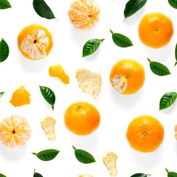 Mandarin seamless pattern, tangerine, clementine isolated on white background with green leaves. Collection of fine Mandarine seamless patterns.