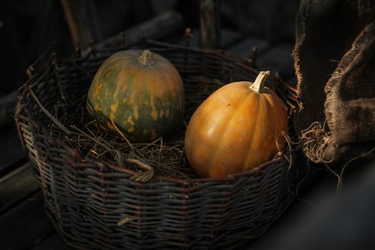 Fresh pumpkins in a wicker basket