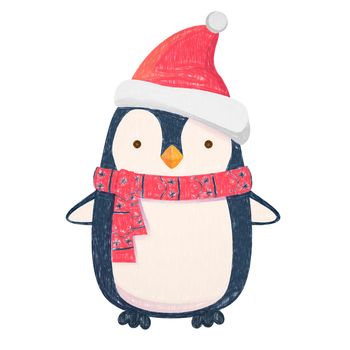 Penguin cartoon illustration. Penguin in scarf and hat