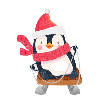 Penguin on sled. Christmas penguin cartoon illustration.