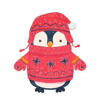 Penguin cartoon illustration. Winter clothes for children.
