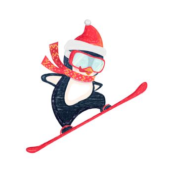 Penguin snowboarder at jump. Penguin cartoon illustration.