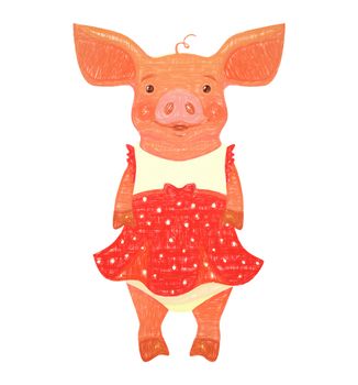 Piggy in red dress. Cute funny piggy girl in dress. illustration