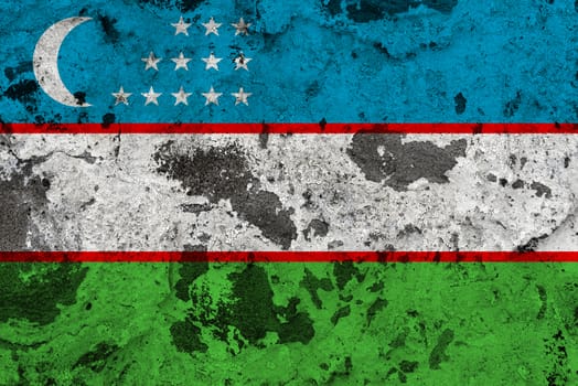 Uzbekistan flag on old wall. Patriotic grunge background. National flag of Uzbekistan