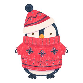 Penguin cartoon illustration. Penguin in sweater and hat