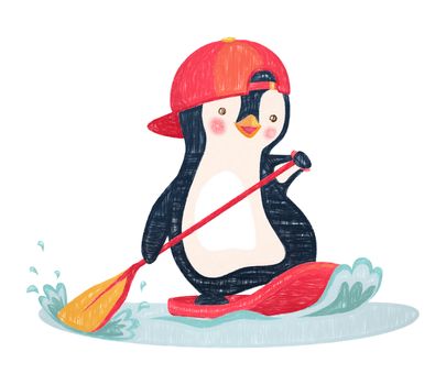 Penguin floating on SUP board. Paddle board. Penguin illustration