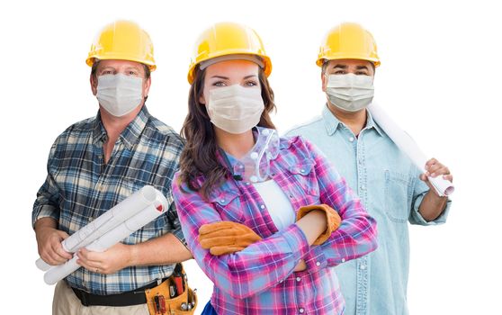 Female and Male Contractors In Hard Hats Wearing Medical Face Masks During Coronavirus Pandemic Isolated on White.