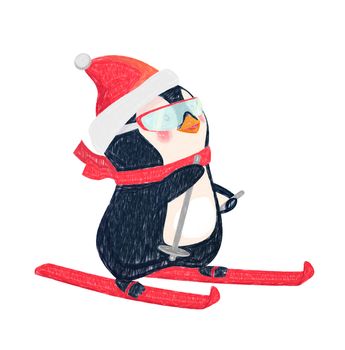 Penguin on skis. Penguin cartoon illustration.