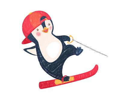 Penguin water skiing. Water sports and activities illustration