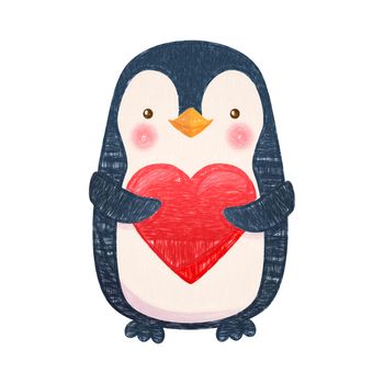 Penguin with heart. Penguin cartoon illustration. Cute animal