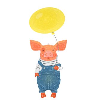 Cute pig holding balloon. Pig in overalls illustration