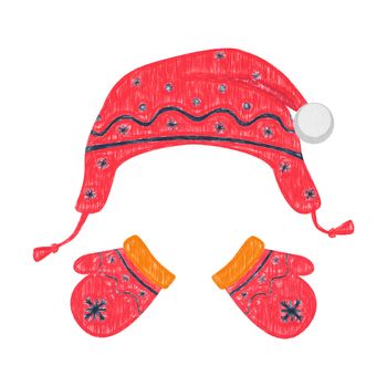 Mittens and hat illustration. Knitted hat. Children's mittens