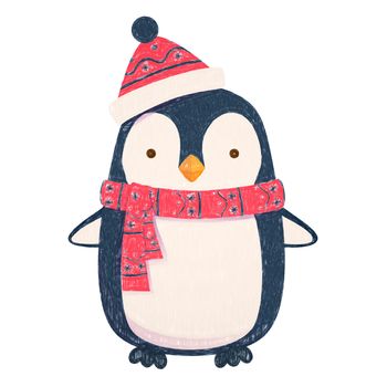 Penguin cartoon illustration. Penguin in scarf and hat