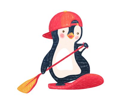 Penguin floating on SUP board. Paddle board. Penguin illustration