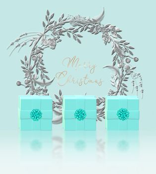 Turquoise Christmas gift boxes, silver wreath with reflection on blue background in 3D render. Gold text Merry Christmas. Holiday greeting card concept