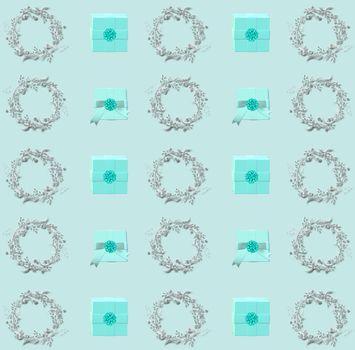 Romantic seamless pattern with baby blue gift boxes, silver wreath. Christmas, New Year, Valentines, Birthday pattern in 3D render