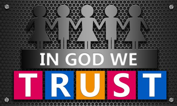 In god we trust text on mesh hexagon background, 3d rendering