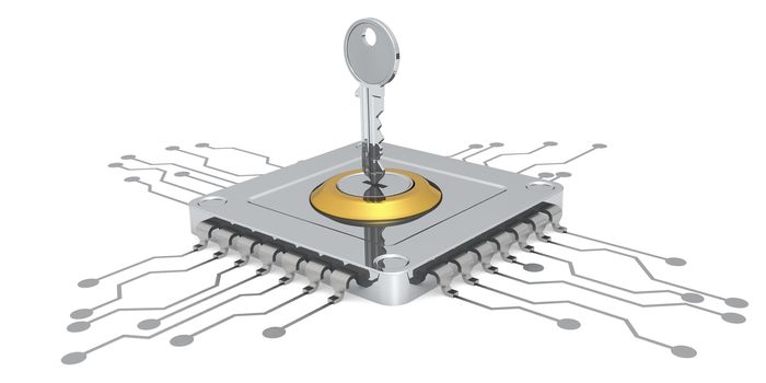 Key and computer microchip isolated, 3D rendering