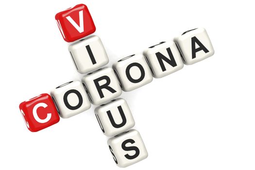 Corona virus cube crossword on white background, 3D rendering