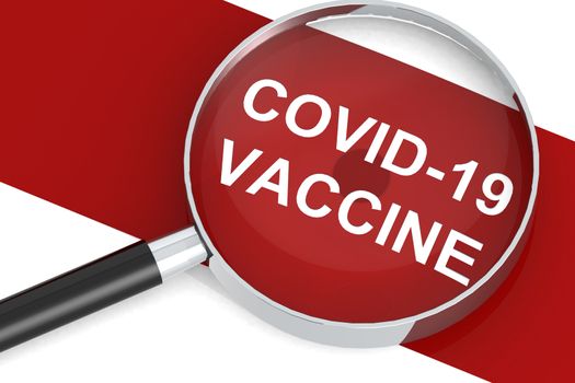 Covid-19 vaccine word under magnifying glass, 3d rendering