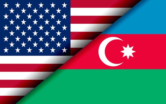 Flags of the USA and Azerbaijan divided diagonally. 3D rendering