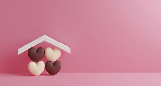 Home sweet home design of chocolate hearts in house on pink paper background with copy space 3d render