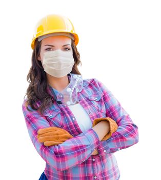 Female Contractor In Hard Hat Wearing Medical Face Mask During Coronavirus Pandemic Isolated on White.