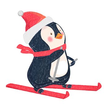 Penguin on skis. Christmas penguin cartoon illustration.