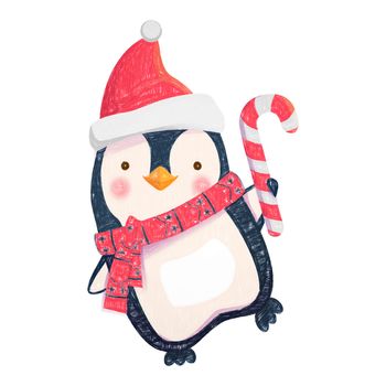 Penguin cartoon illustration. Penguin with christmas candy