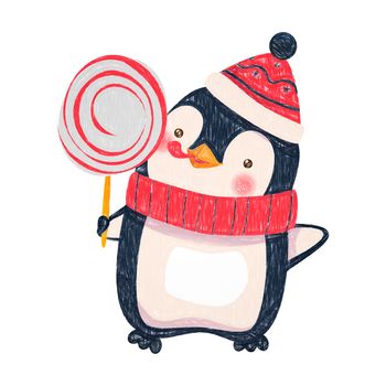 Penguin cartoon illustration. Penguin with christmas candy