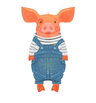 Cute pig cartoon. Pig in overalls illustration